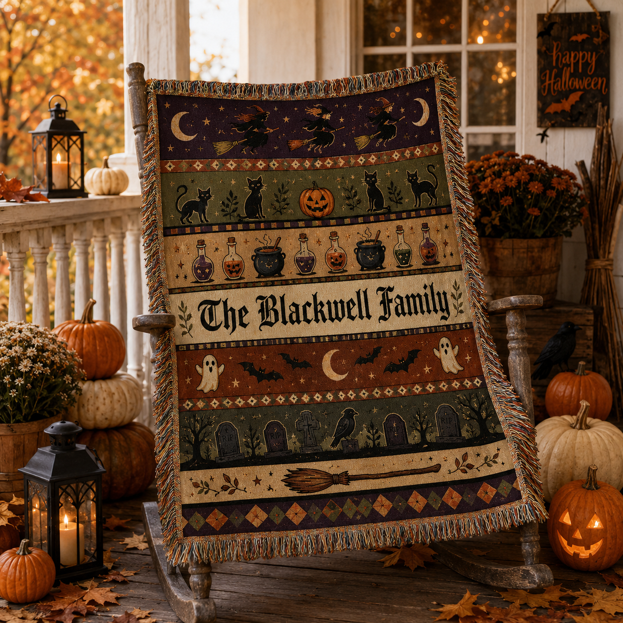 Personalized Halloween family woven blanket displayed on a rocking chair with pumpkins and lanterns