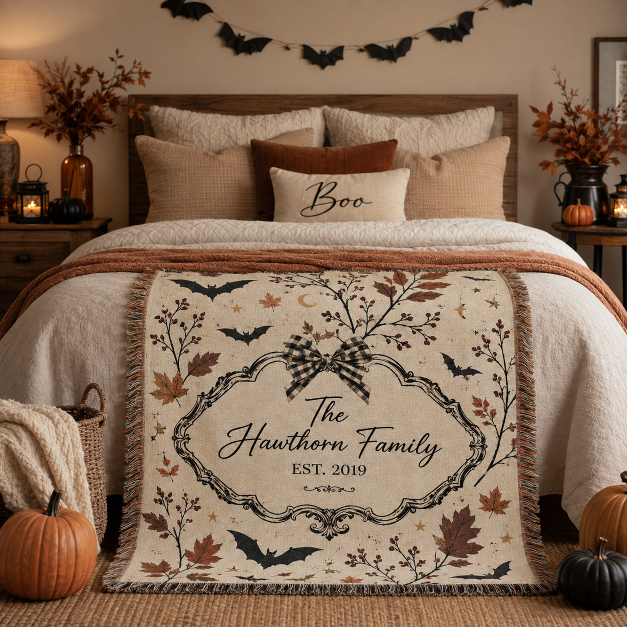 Personalized Halloween family woven blanket styled at the foot of a cozy fall bedroom