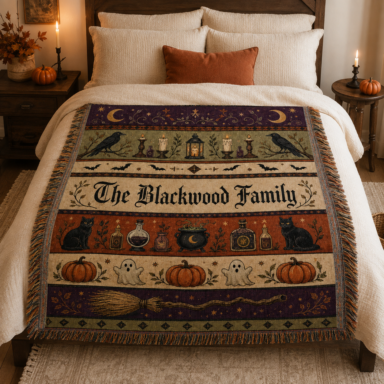 Personalized Halloween family woven blanket styled across a cozy autumn bedroom bed