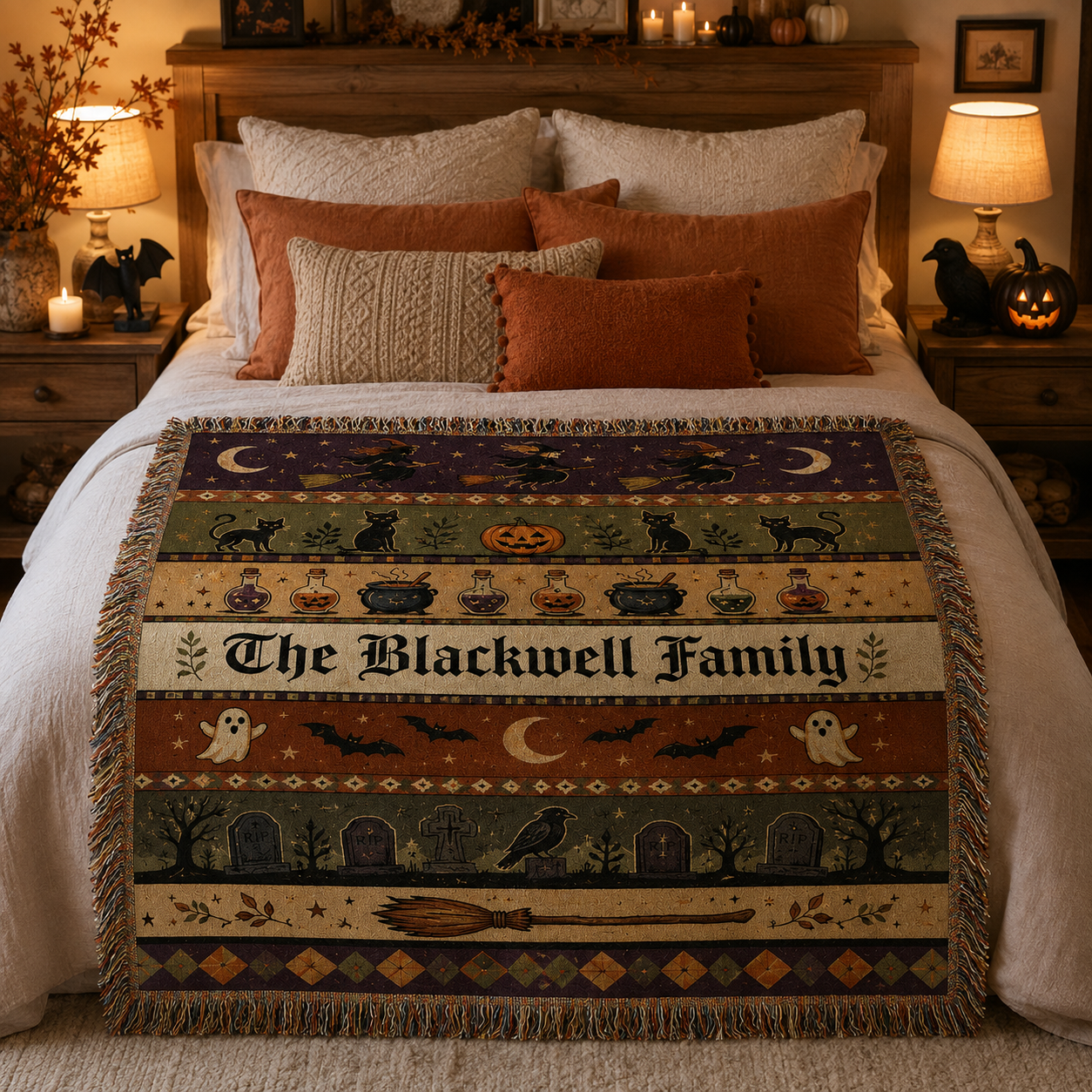 Personalized Halloween family name woven blanket styled across a cozy autumn bedroom bed