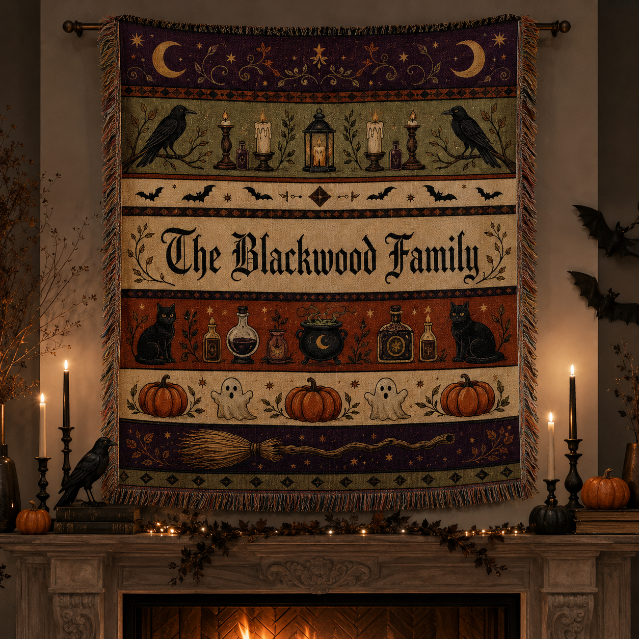 Personalized Halloween woven blanket displayed as witchy wall decor above a candlelit fireplace