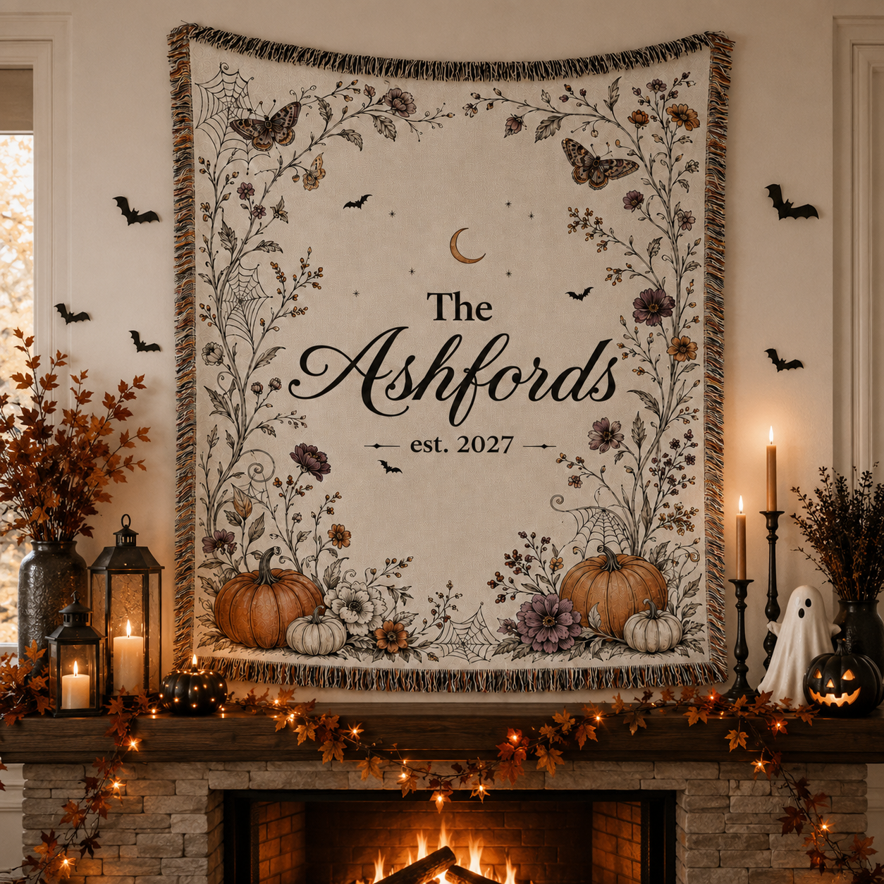 Personalized botanical Halloween woven blanket displayed above a fireplace with candles and autumn decor
