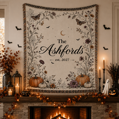 Personalized botanical Halloween woven blanket displayed above a fireplace with candles and autumn decor