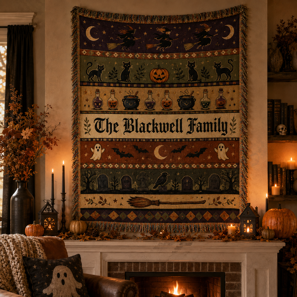 Personalized Halloween family woven blanket displayed above a fireplace with pumpkins and candles