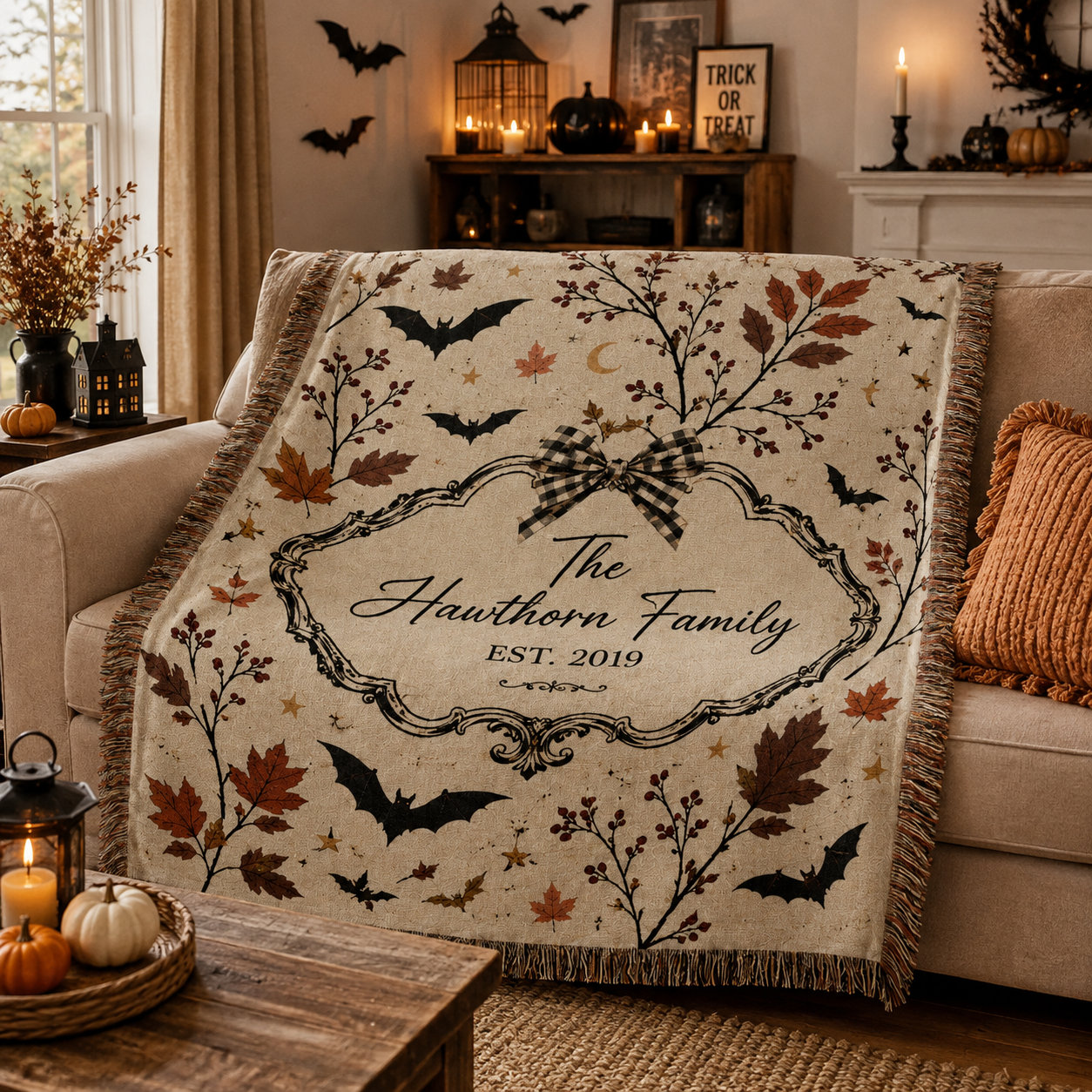 Personalized Halloween family woven blanket displayed on a sofa with pumpkins and candles