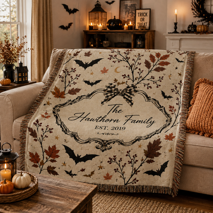 Personalized Halloween family woven blanket displayed on a sofa with pumpkins and candles
