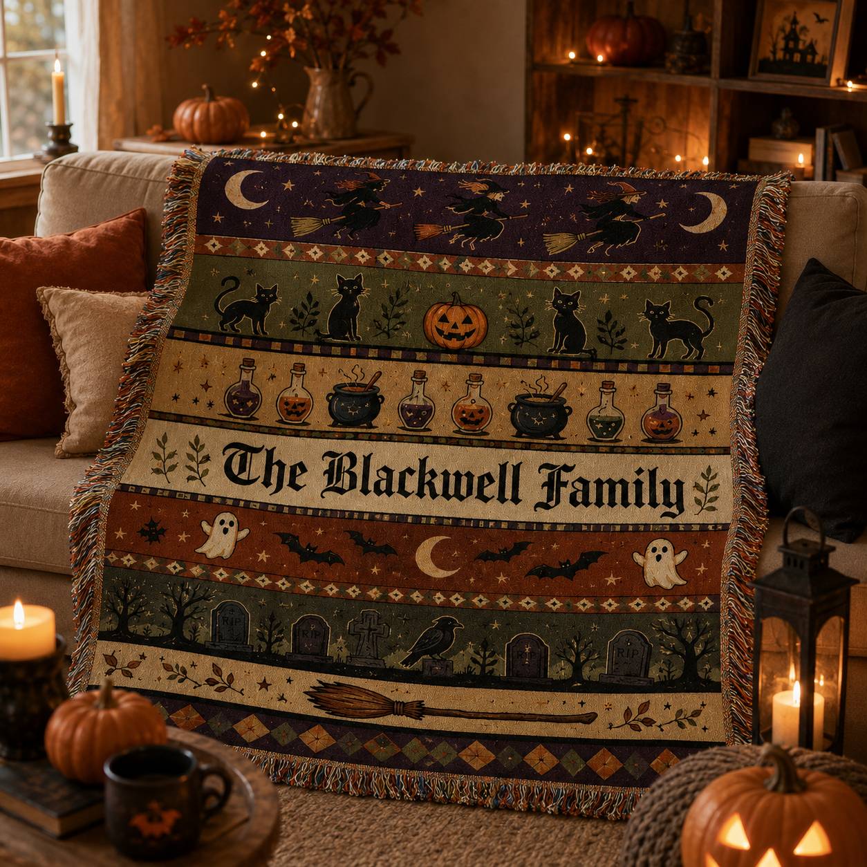 Personalized Halloween family woven blanket styled on a cozy sofa with pumpkins and candles