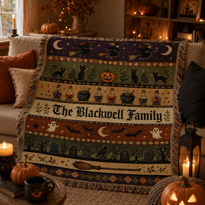 Personalized Halloween family woven blanket styled on a cozy sofa with pumpkins and candles