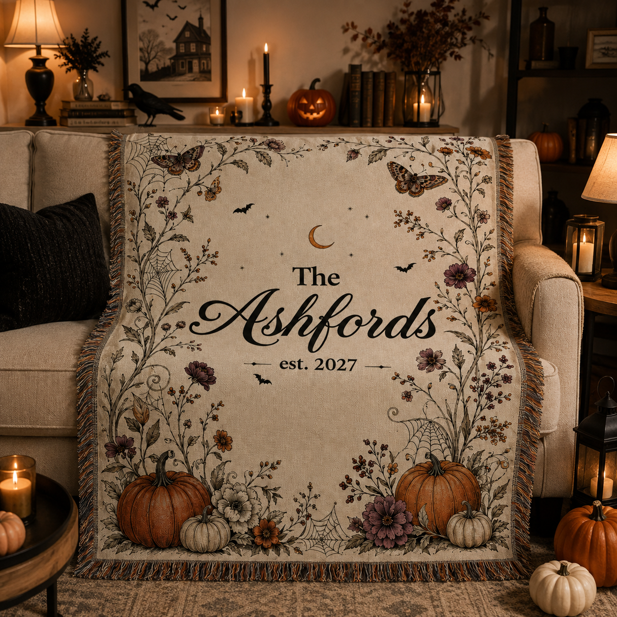 Personalized Halloween family name woven blanket styled on a cozy sofa with pumpkins and candles