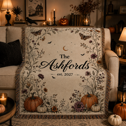 Personalized Halloween family name woven blanket styled on a cozy sofa with pumpkins and candles