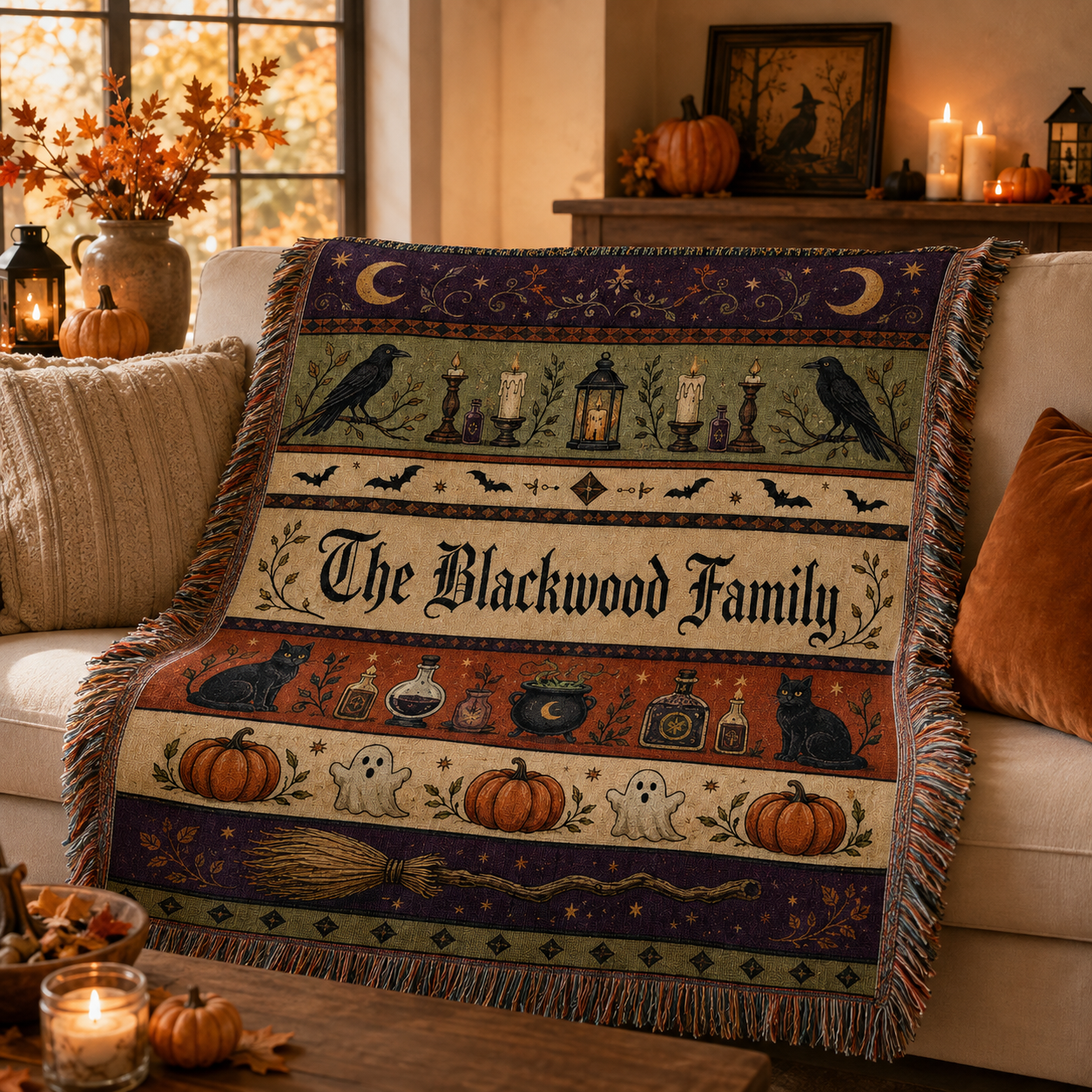 Personalized Halloween family name woven blanket styled on a cozy autumn living room sofa