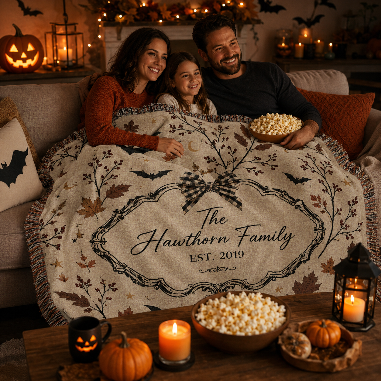 Family using a personalized Halloween woven blanket during a cozy movie night