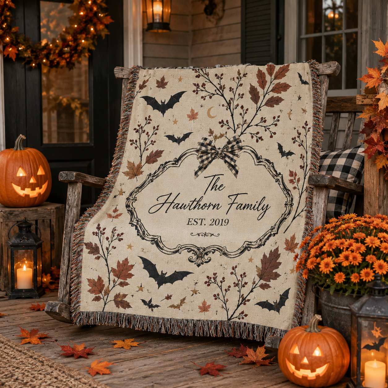 Personalized Halloween family woven blanket on a rustic porch with pumpkins and lanterns