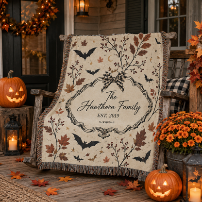 Personalized Halloween family woven blanket on a rustic porch with pumpkins and lanterns