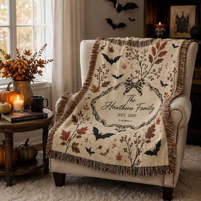 Personalized Halloween family woven blanket draped over an armchair in a cozy reading nook
