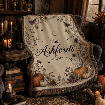 Personalized botanical Halloween woven blanket draped over a reading chair with candles and books