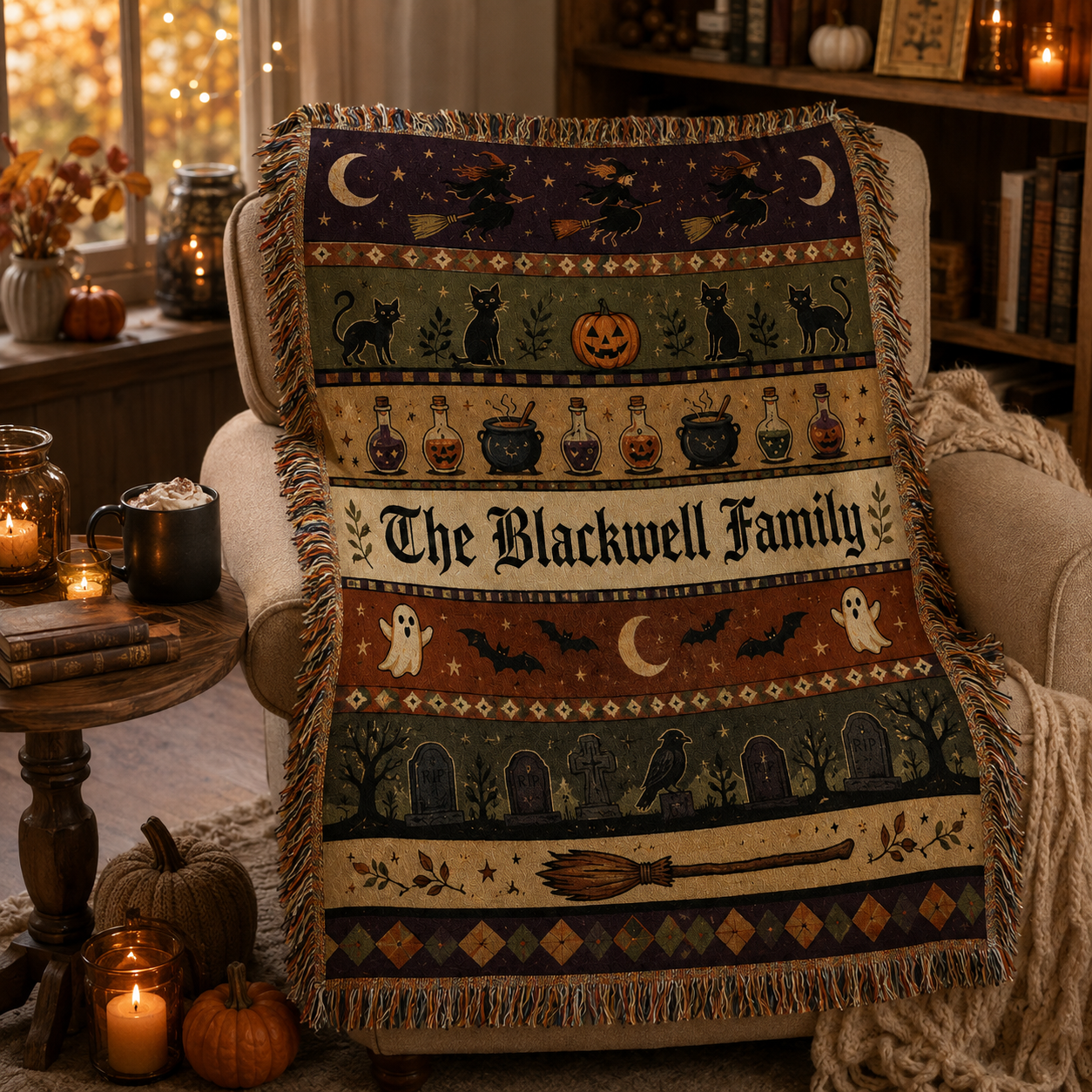Personalized Halloween family woven blanket draped over a reading chair with books and candles