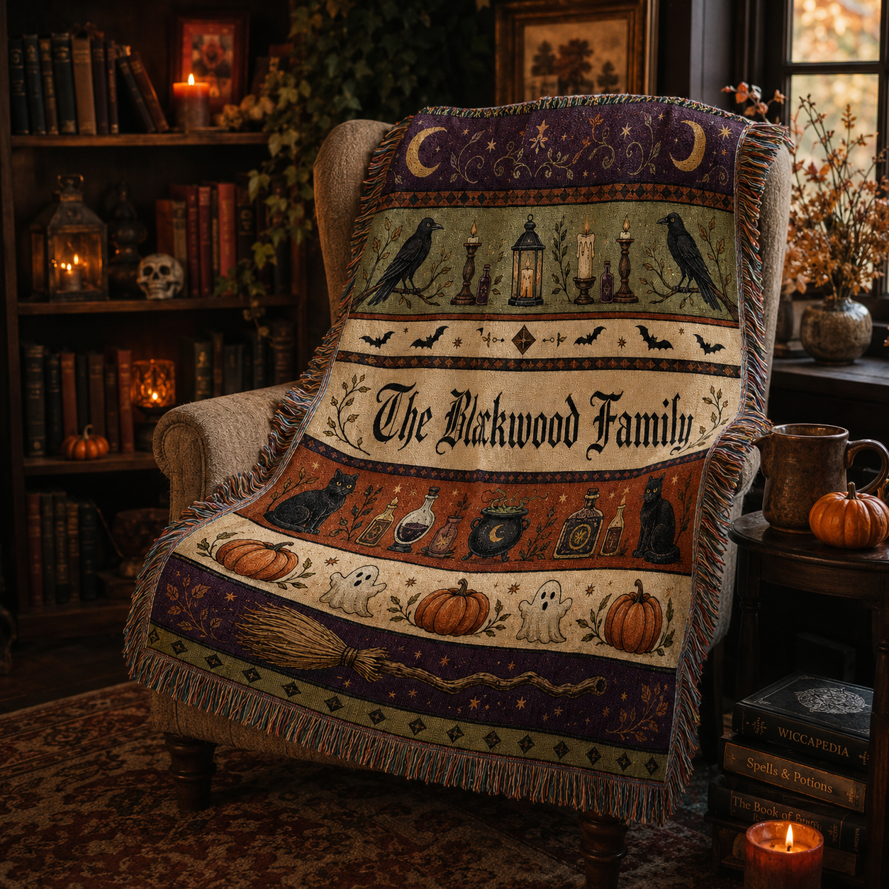 Personalized Halloween family name woven blanket draped over a cozy witchy reading chair