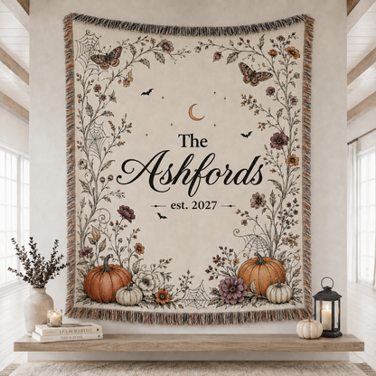 Personalized Halloween family name woven blanket with pumpkins, moths, bats and botanical border