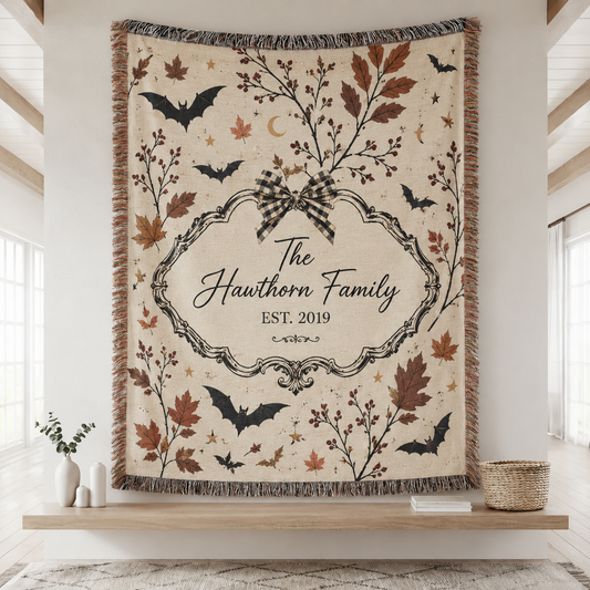 Personalized Halloween family woven blanket with bats, autumn leaves, ornate frame and custom established year