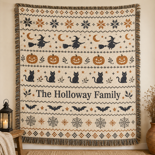Personalized Halloween family woven blanket with witches pumpkins black cats bats spiderwebs and fringe