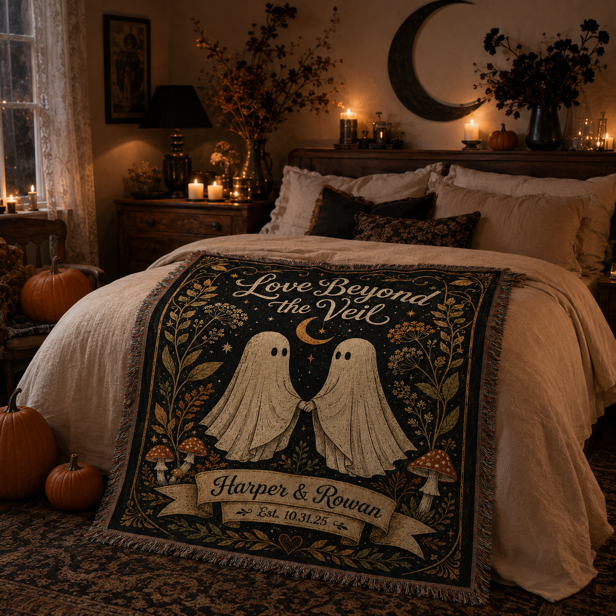 Personalized Halloween ghost couple woven blanket displayed across a cozy bed