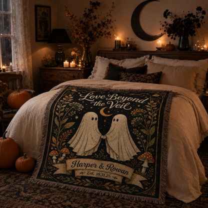 Personalized Halloween ghost couple woven blanket displayed across a cozy bed