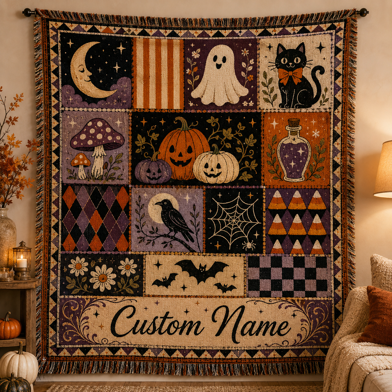 Personalized Halloween patchwork woven blanket with custom name, ghost, black cat, pumpkins and fringe