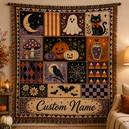 Personalized Halloween patchwork woven blanket with custom name, ghost, black cat, pumpkins and fringe