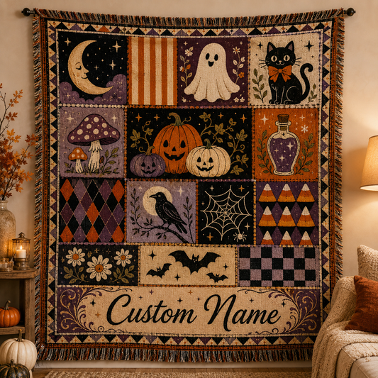 Personalized Halloween patchwork woven blanket with custom name, ghost, black cat, pumpkins and fringe