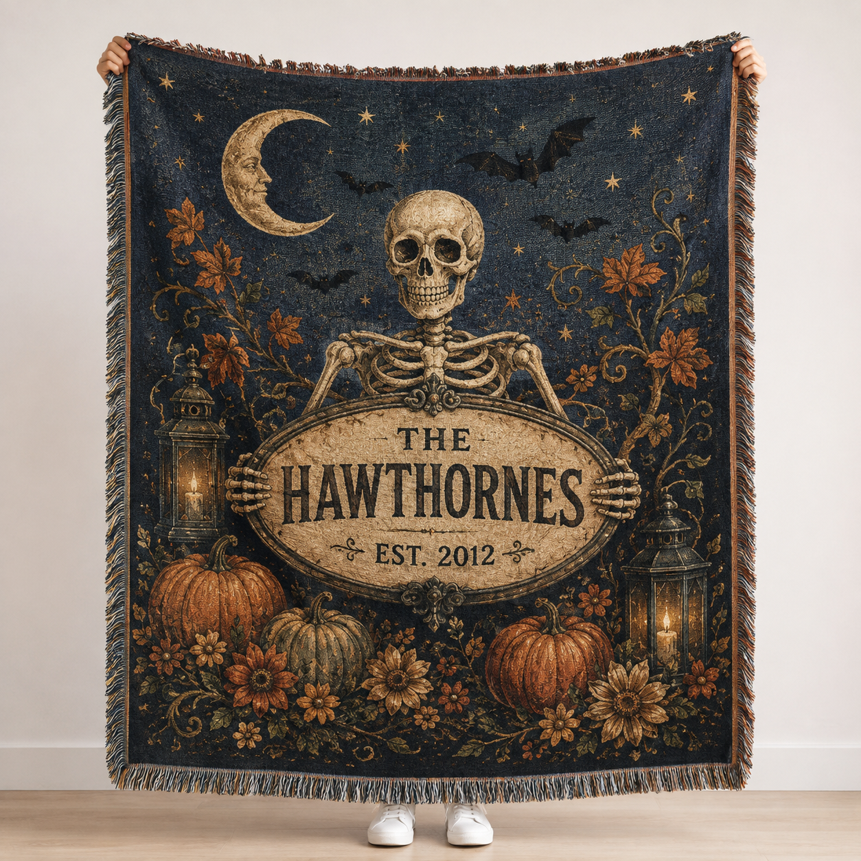 Personalized Halloween skeleton family woven blanket with custom last name and established year