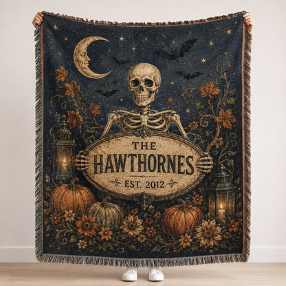 Personalized Halloween skeleton family woven blanket with custom last name and established year