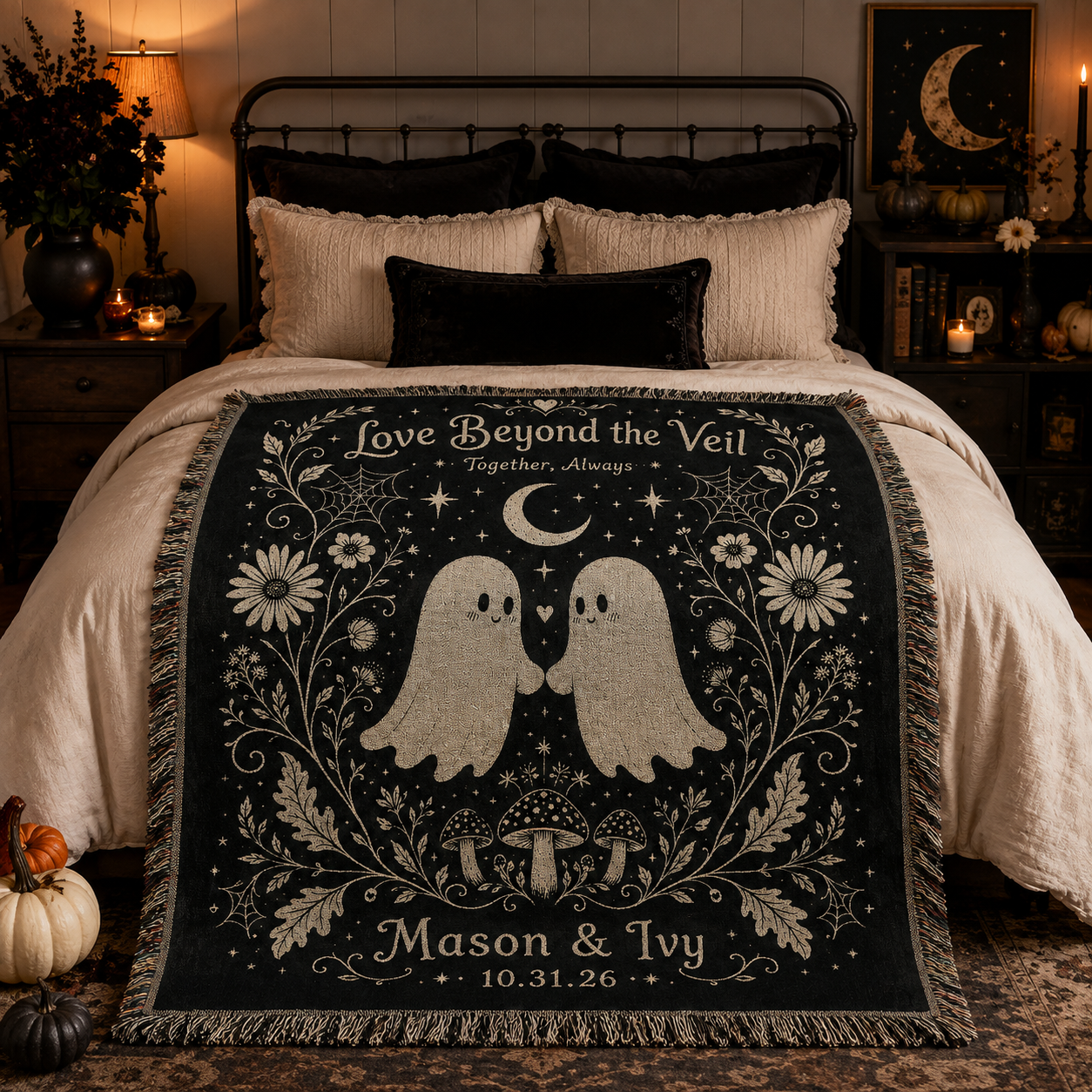 Personalized Halloween woven blanket styled across a cozy bedroom