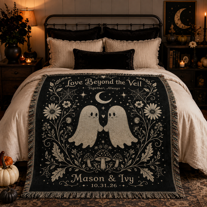 Personalized Halloween woven blanket styled across a cozy bedroom