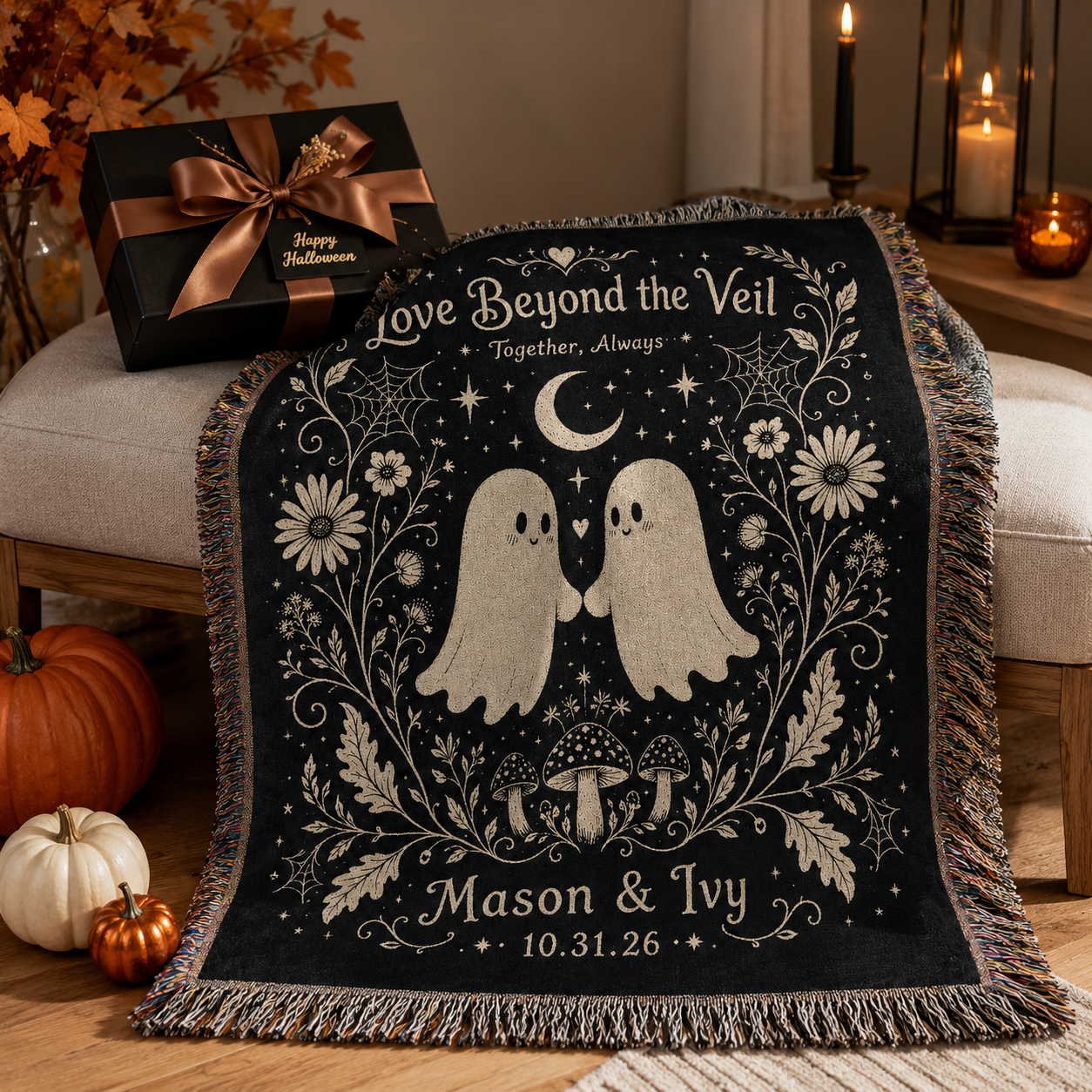 Personalized Halloween ghost woven blanket presented as a gift