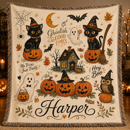 Personalized Halloween woven blanket with black cats, ghosts, pumpkins and custom name