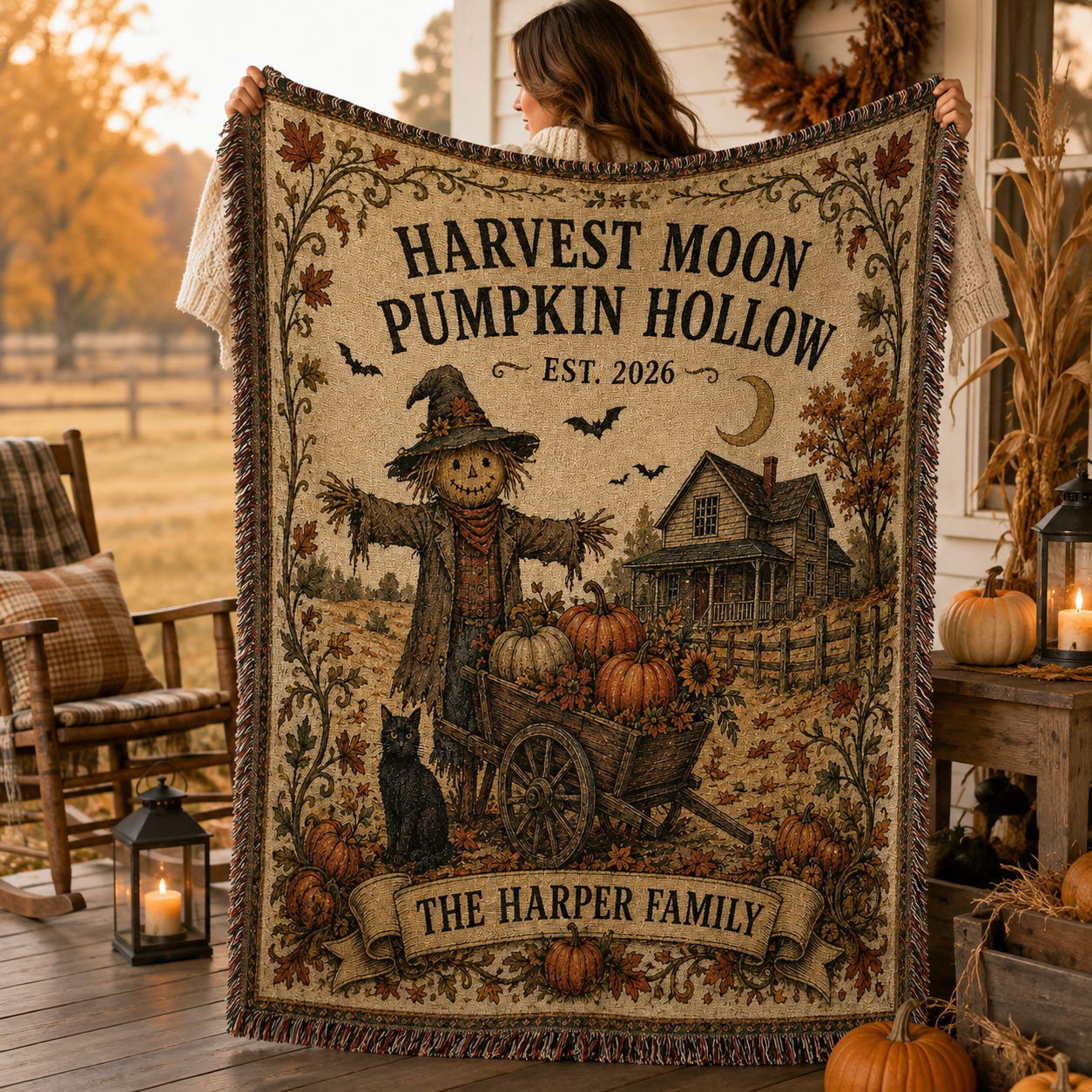 Woman displaying personalized Harvest Moon Pumpkin Hollow Halloween woven blanket