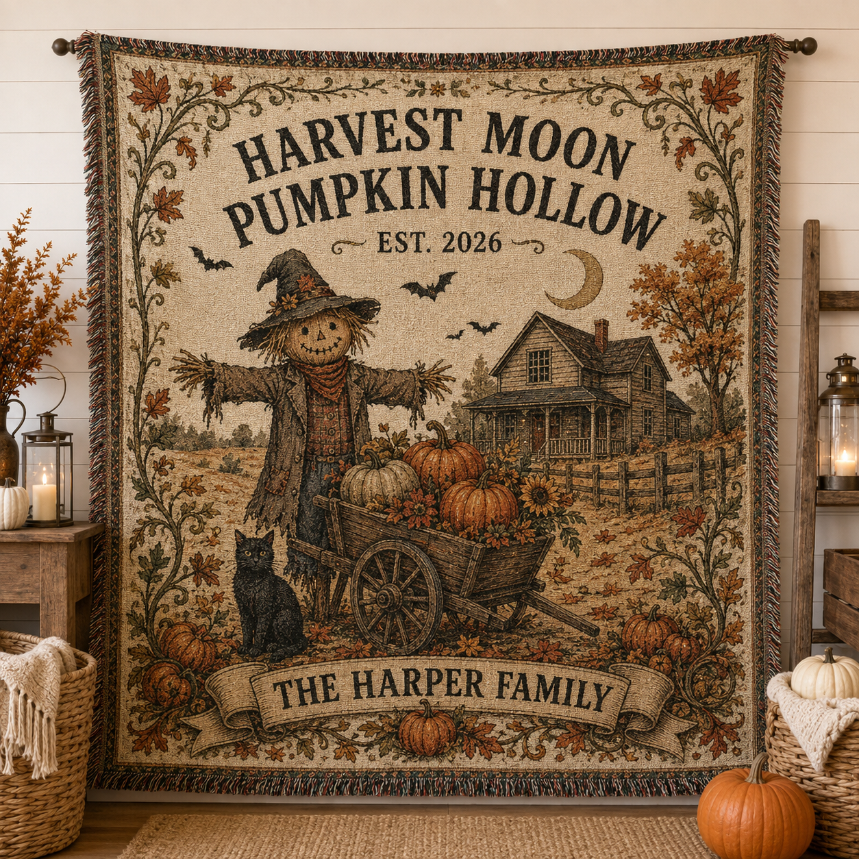 Personalized Harvest Moon Pumpkin Hollow woven blanket with scarecrow, pumpkins and family name