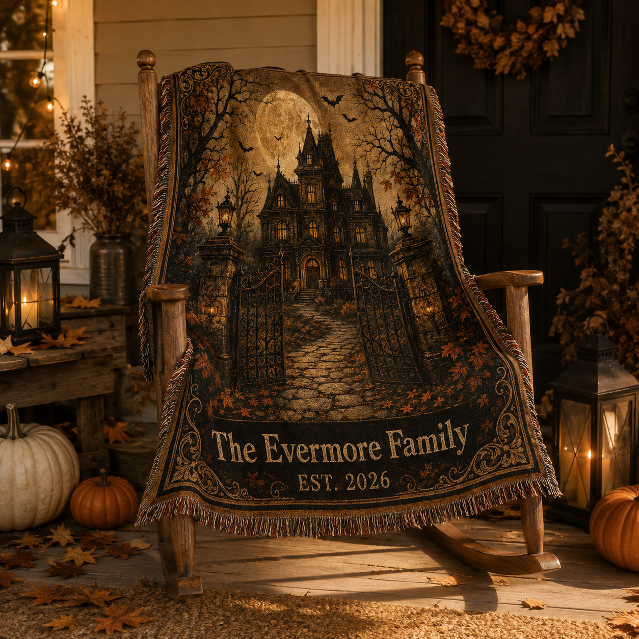 Personalized Gothic haunted house woven blanket displayed on a rocking chair with pumpkins and lanterns