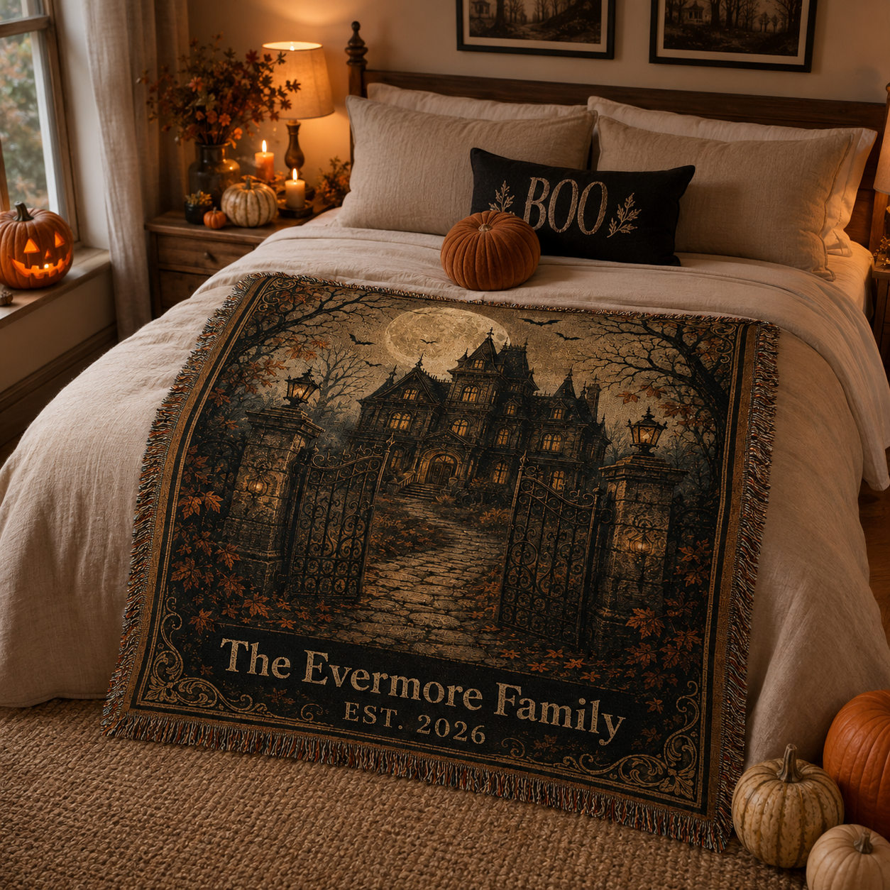 Personalized haunted mansion woven blanket styled across a cozy Halloween bedroom bed