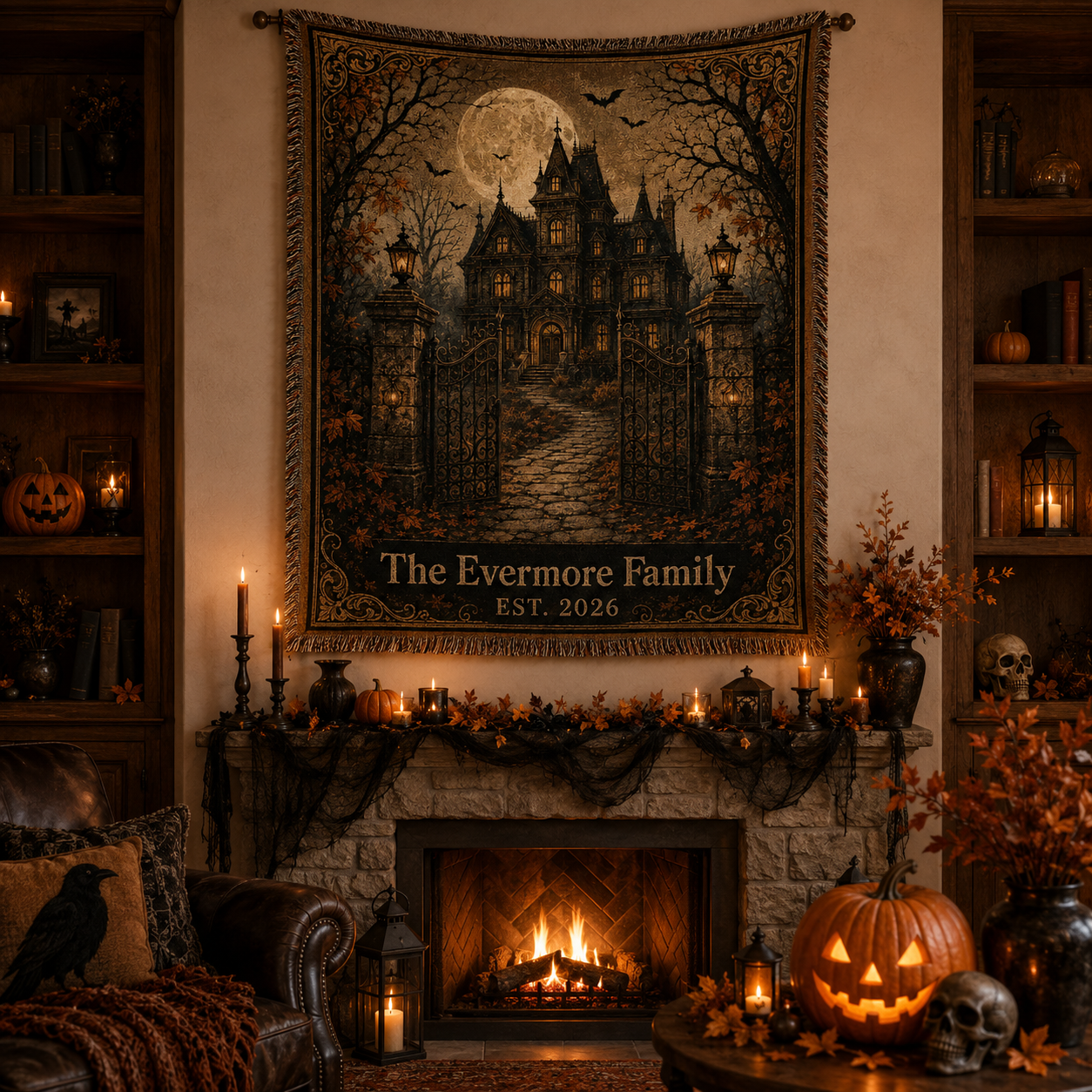 Personalized haunted mansion woven blanket displayed above a Halloween fireplace with candles and pumpkins
