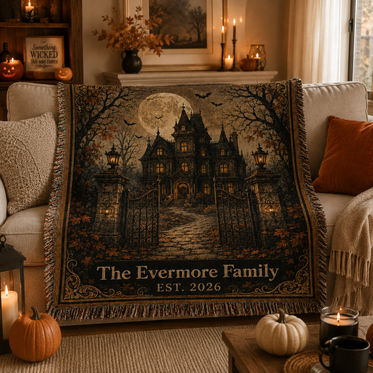 Personalized haunted house woven blanket styled on a cozy sofa with pumpkins and candles
