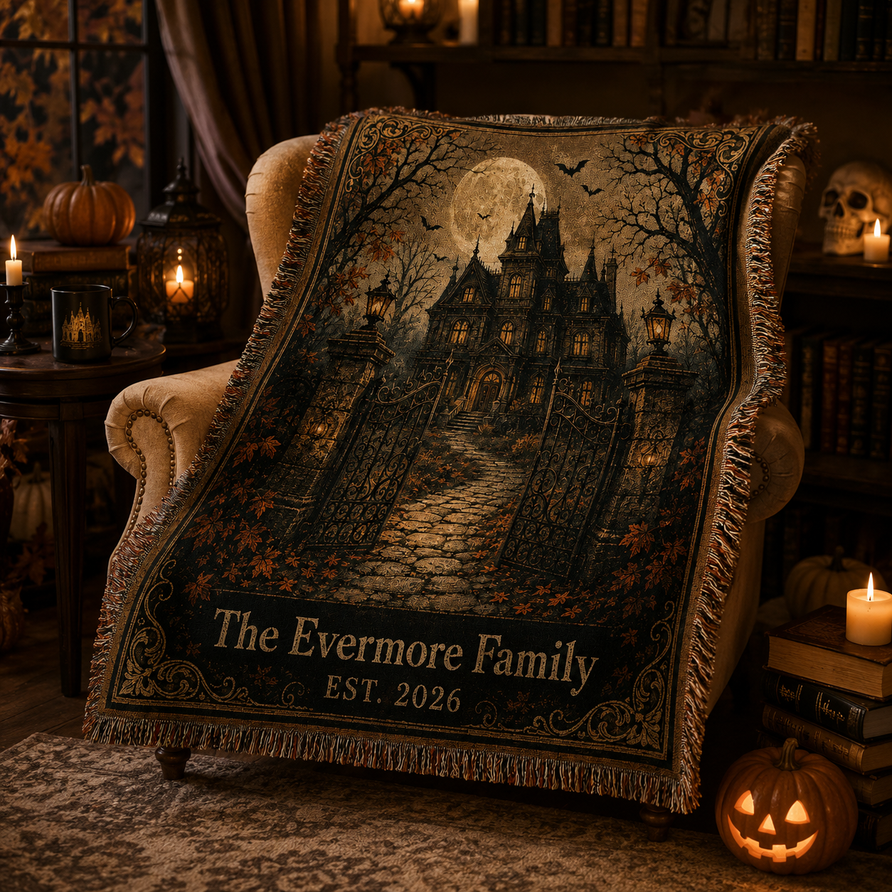 Personalized haunted house woven blanket draped over an armchair in a moody Halloween reading nook