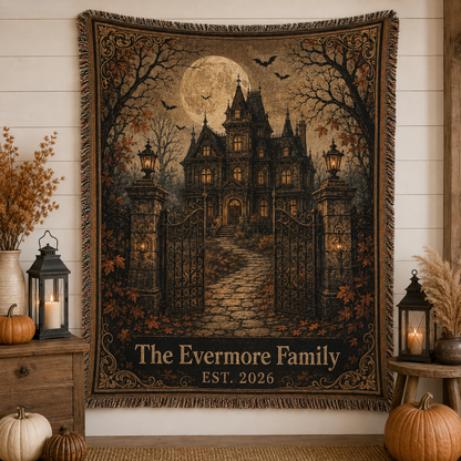 Personalized haunted house family woven blanket with full moon, bats, iron gates and autumn Gothic artwork