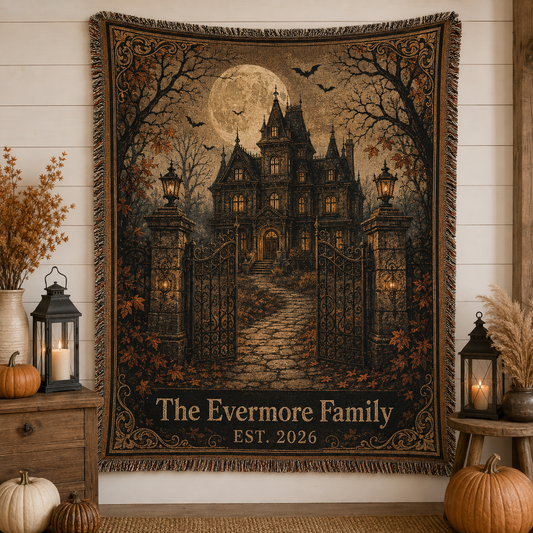 Personalized haunted house family woven blanket with full moon, bats, iron gates and autumn Gothic artwork