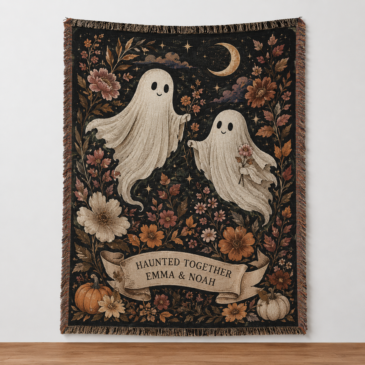 Personalized Haunted Together ghost woven blanket with custom couple names