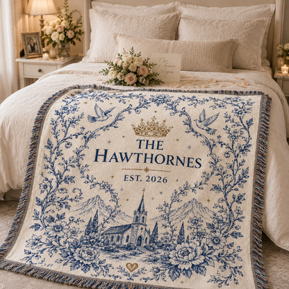 Personalized wedding woven blanket styled across a romantic bedroom with custom family name and chapel artwork