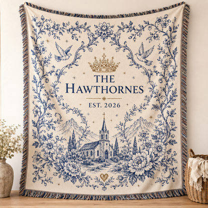 Personalized wedding woven blanket with custom family name, floral doves, crown, chapel and mountain design