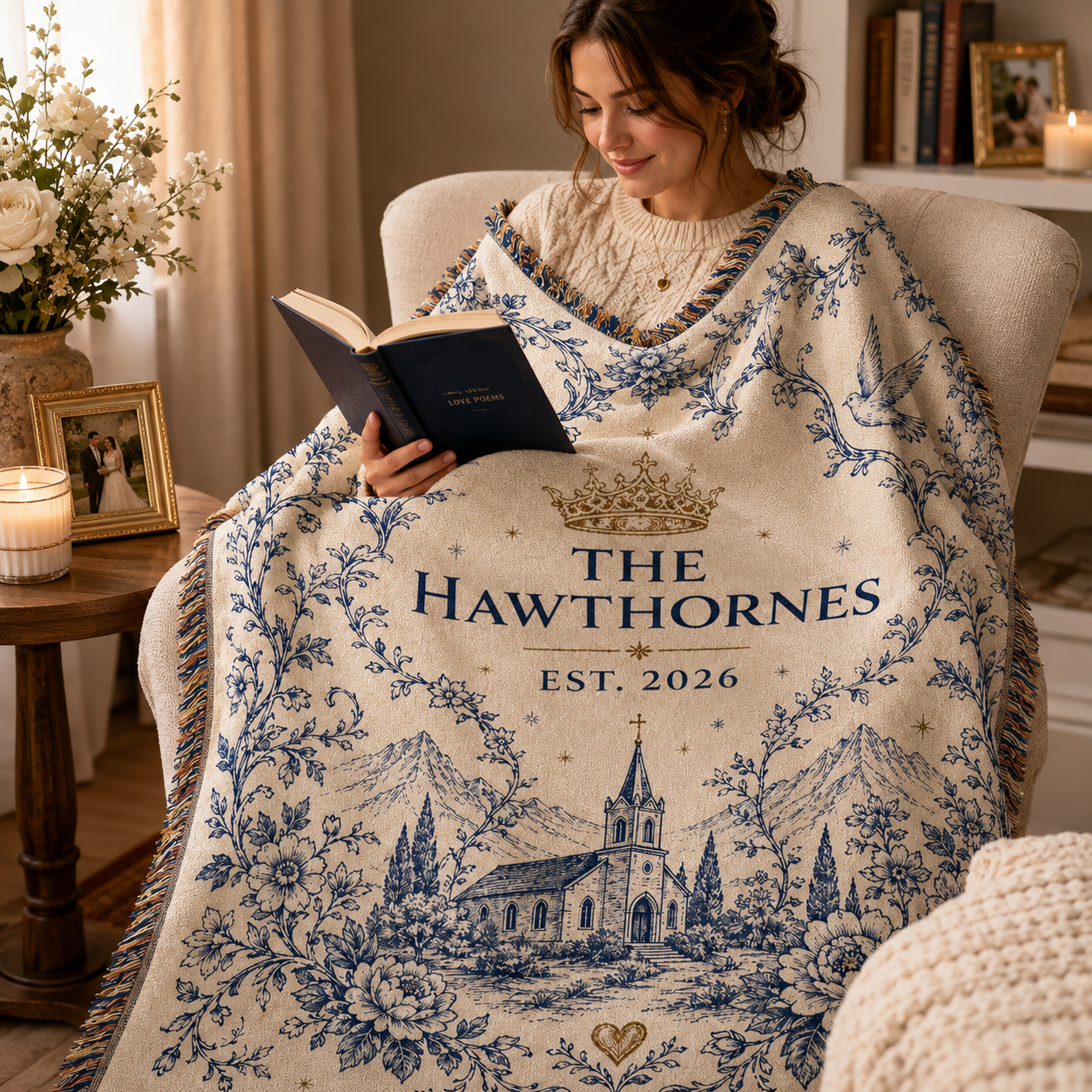 Personalized wedding woven blanket used in a cozy reading nook with soft drape, floral doves and custom family name