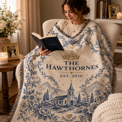 Personalized wedding woven blanket used in a cozy reading nook with soft drape, floral doves and custom family name